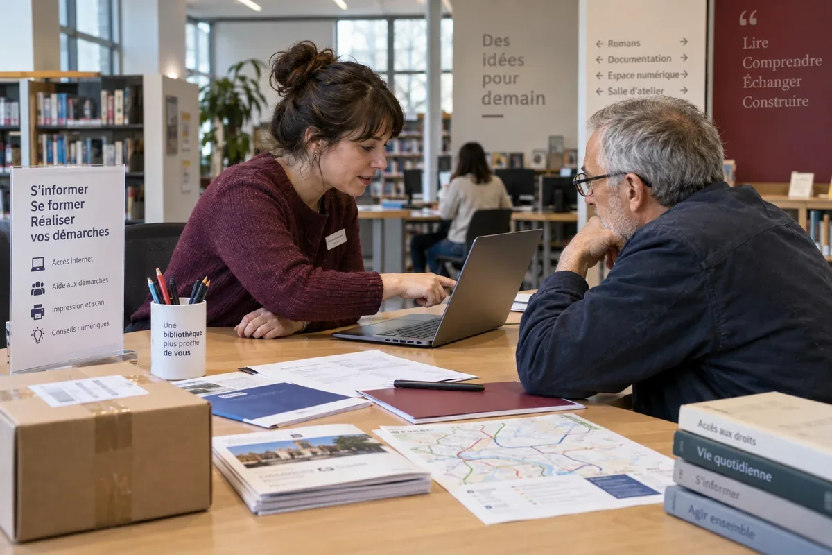 Une bibliothécaire accompagne un visiteur dans une démarche en ligne
