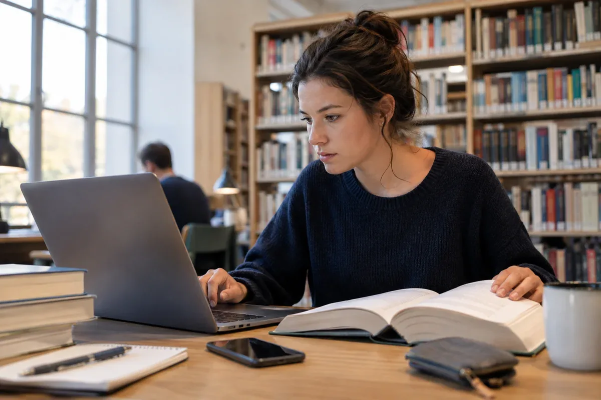 Une personne compare des informations sur ordinateur avec un ouvrage