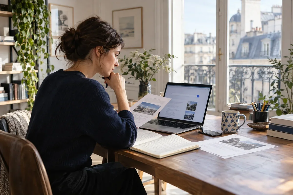 Une éditrice compare des résultats de recherche avec des documents et des notes