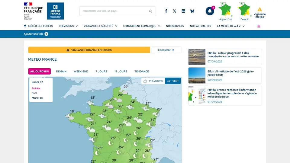 Aperçu de la page d’accueil de Météo-France